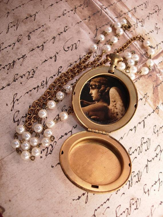 Vintage jeweled pocketwatch locket with Gothic angel portrait inside and edwardian faux pearl chain