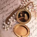 Vintage jeweled pocketwatch locket with Gothic angel portrait inside and edwardian faux pearl chain