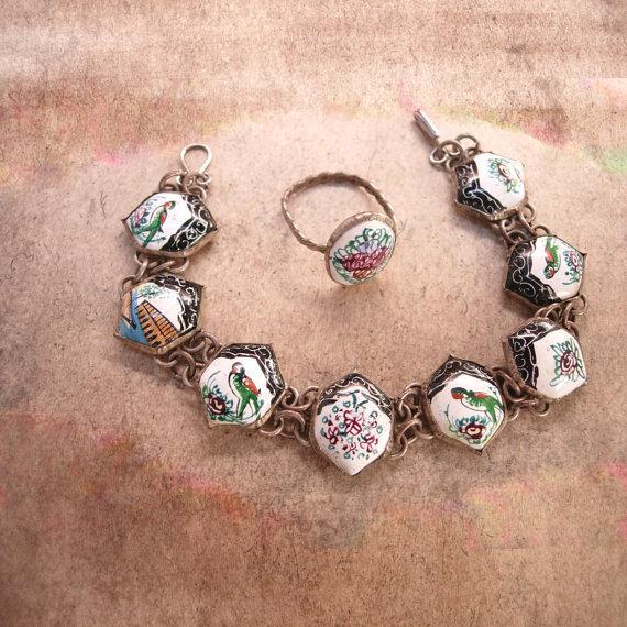 Vintage Persian Enamel Bracelet and Ring Hand wrought folk art