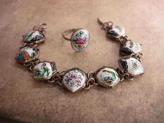 Vintage Persian Enamel Bracelet and Ring Hand wrought folk art