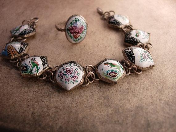 Vintage Persian Enamel Bracelet and Ring Hand wrought folk art