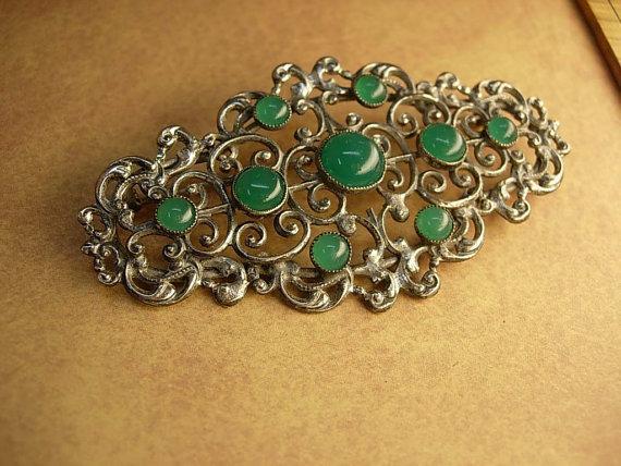 Art Deco Chrysoprase brooch genuine stone antique cut steel setting Spiritual protection