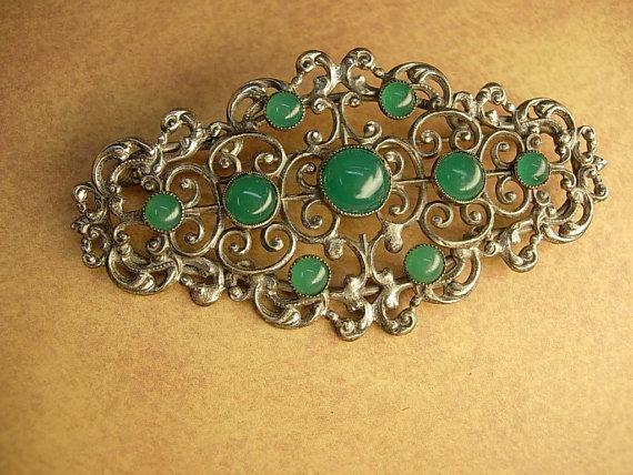 Art Deco Chrysoprase brooch genuine stone antique cut steel setting Spiritual protection
