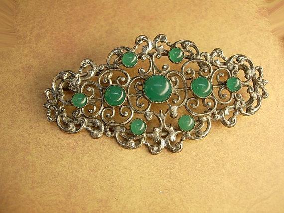 Art Deco Chrysoprase brooch genuine stone antique cut steel setting Spiritual protection