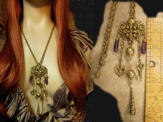 Gothic Vintage chandelier charm necklace and Brooch Enamel and pearls and genuine amethyst.