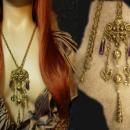 Gothic Vintage chandelier charm necklace and Brooch Enamel and pearls and genuine amethyst.