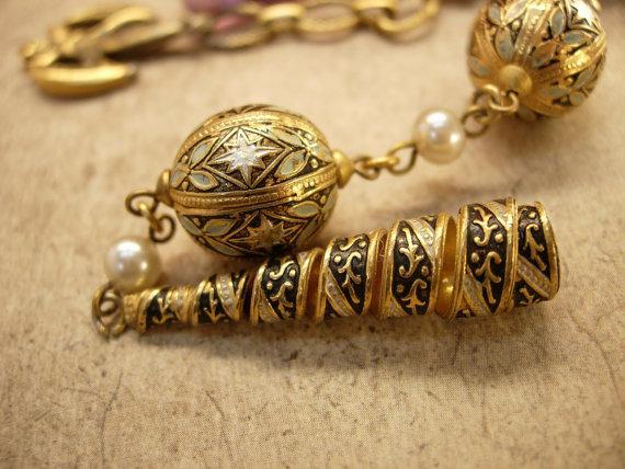Gothic Vintage chandelier charm necklace and Brooch Enamel and pearls and genuine amethyst.
