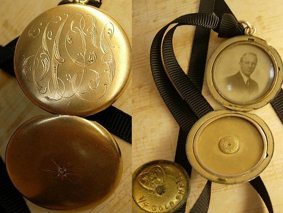 ANtique locket necklace Victorian photo locket with photo Black ribbon necklace