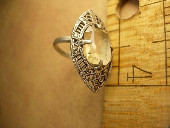 Art deco sterling citrine ring marcasite accents in a marquise setting