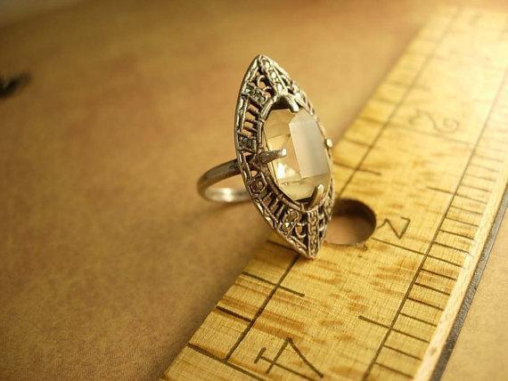 Art deco sterling citrine ring marcasite accents in a marquise setting