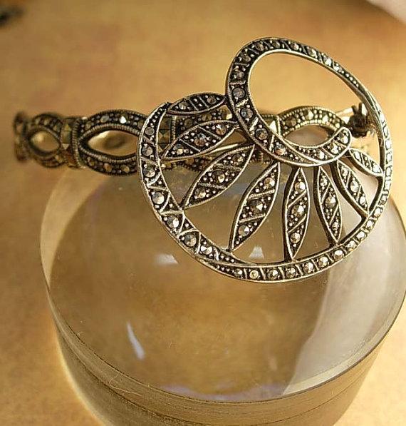 Vintage Marcasite Brooch and BRacelet Deco flair brooch with fancy bangle