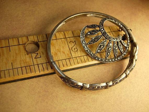 Vintage Marcasite Brooch and BRacelet Deco flair brooch with fancy bangle