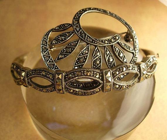 Vintage Marcasite Brooch and BRacelet Deco flair brooch with fancy bangle