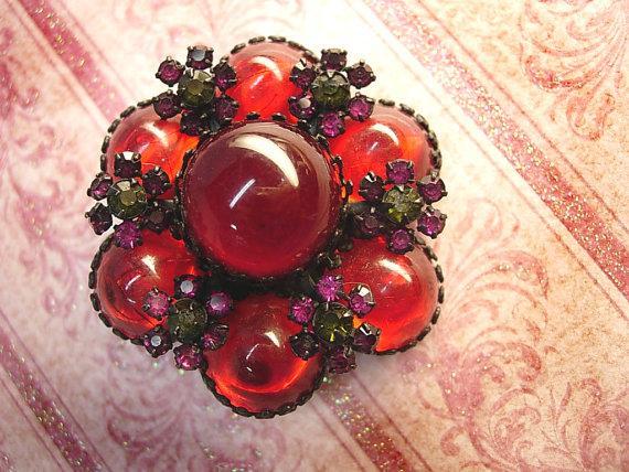 Vintage Blood RED Brooch Bubbles with Japanned with Fuchsia accents Unsigned beauty
