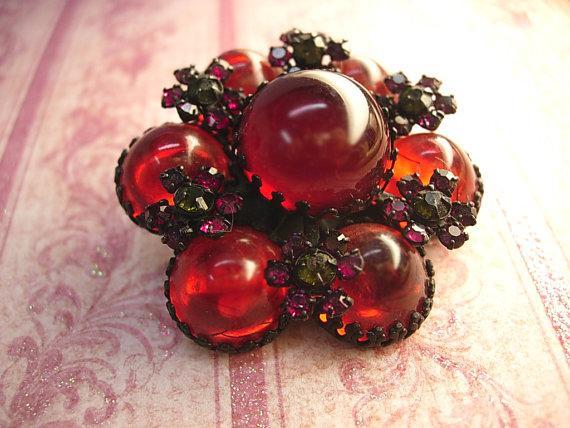 Vintage Blood RED Brooch Bubbles with Japanned with Fuchsia accents Unsigned beauty
