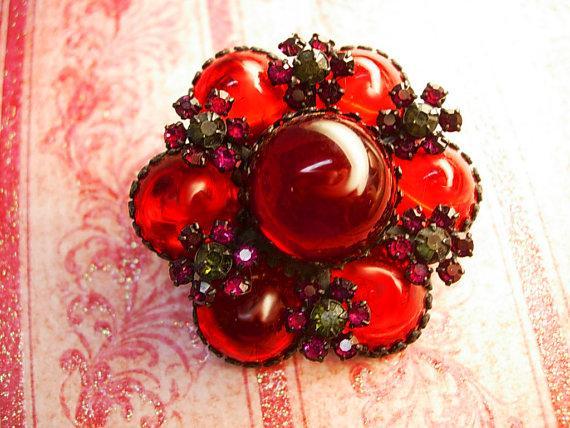 Vintage Blood RED Brooch Bubbles with Japanned with Fuchsia accents Unsigned beauty