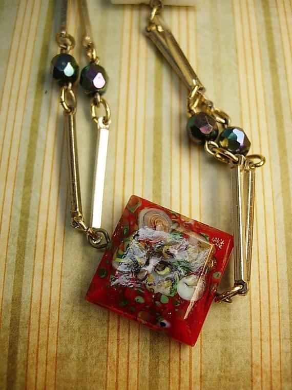Vintage Handpainted charm necklace Flowers and aurora borealis beads
