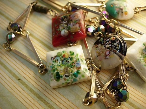 Vintage Handpainted charm necklace Flowers and aurora borealis beads