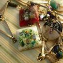 Vintage Handpainted charm necklace Flowers and aurora borealis beads