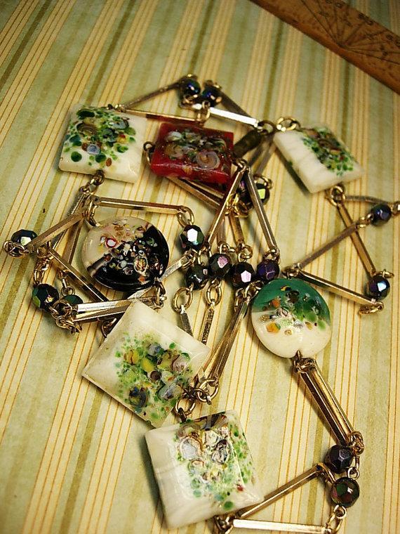 Vintage Handpainted charm necklace Flowers and aurora borealis beads