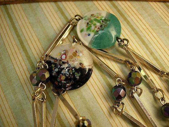 Vintage Handpainted charm necklace Flowers and aurora borealis beads