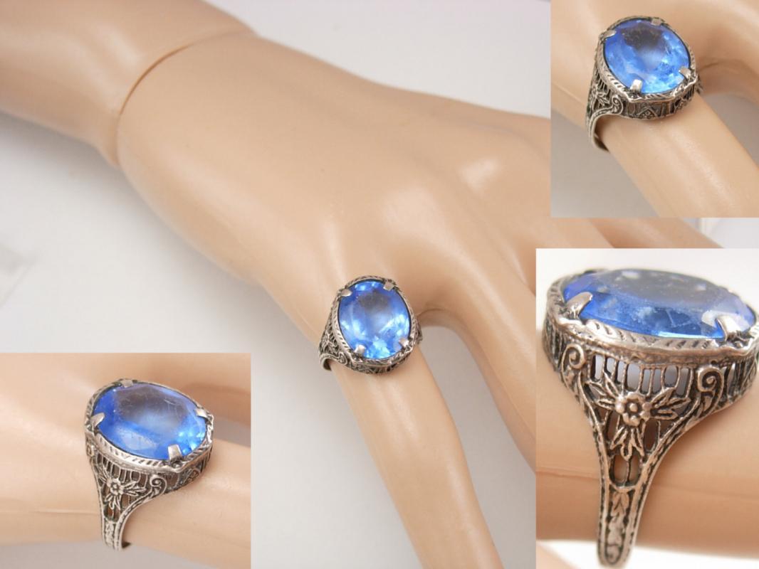 ANtique Sterling Deco filigree ring with blue stone