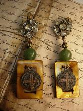 Mother of pearl earrings Jade chinese beads Religious medal rhinestone buttons