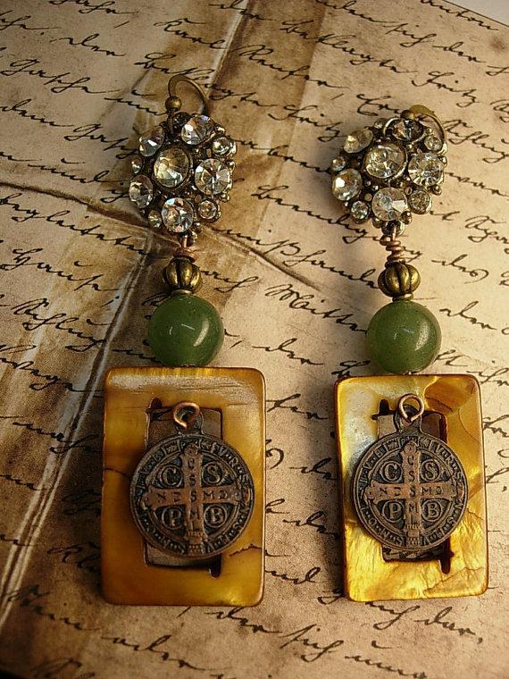 Mother of pearl earrings Jade chinese beads Religious medal rhinestone buttons
