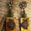 Mother of pearl earrings Jade chinese beads Religious medal rhinestone buttons