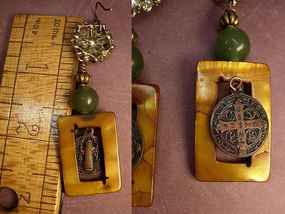 Mother of pearl earrings Jade chinese beads Religious medal rhinestone buttons