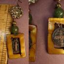 Mother of pearl earrings Jade chinese beads Religious medal rhinestone buttons