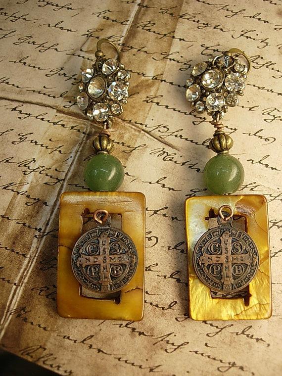 Mother of pearl earrings Jade chinese beads Religious medal rhinestone buttons
