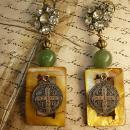 Mother of pearl earrings Jade chinese beads Religious medal rhinestone buttons