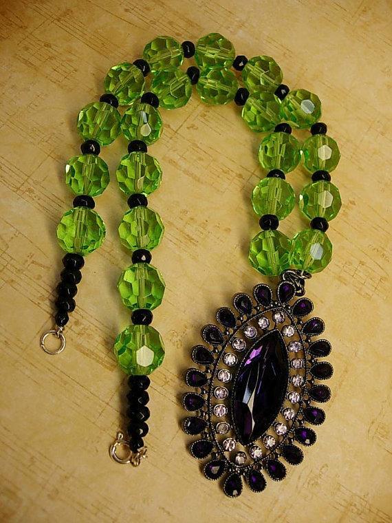 OOAK dramatic drop necklace rich purple and green huge glass beads very Gothic