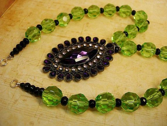 OOAK dramatic drop necklace rich purple and green huge glass beads very Gothic