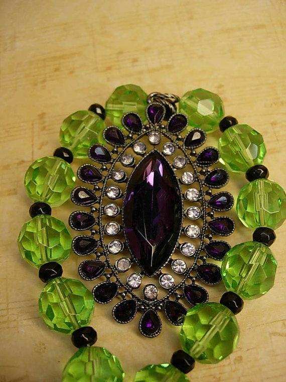 OOAK dramatic drop necklace rich purple and green huge glass beads very Gothic