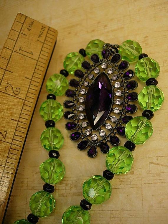 OOAK dramatic drop necklace rich purple and green huge glass beads very Gothic