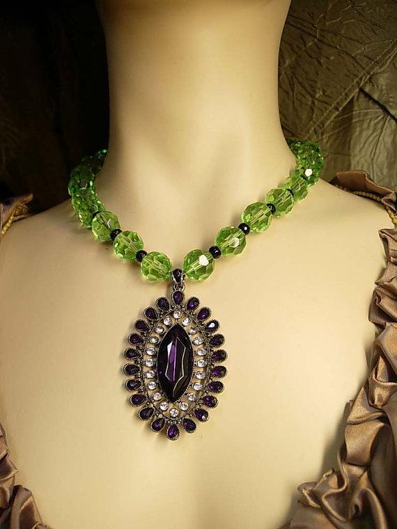 OOAK dramatic drop necklace rich purple and green huge glass beads very Gothic
