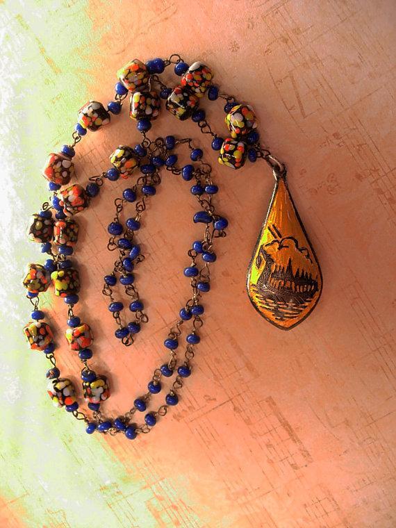 Exotic vintage Chinese necklace enamel sterling dragonboat goddess pendant necklace Millefiori cobalt glass beads