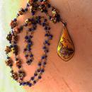 Exotic vintage Chinese necklace enamel sterling dragonboat goddess pendant necklace Millefiori cobalt glass beads