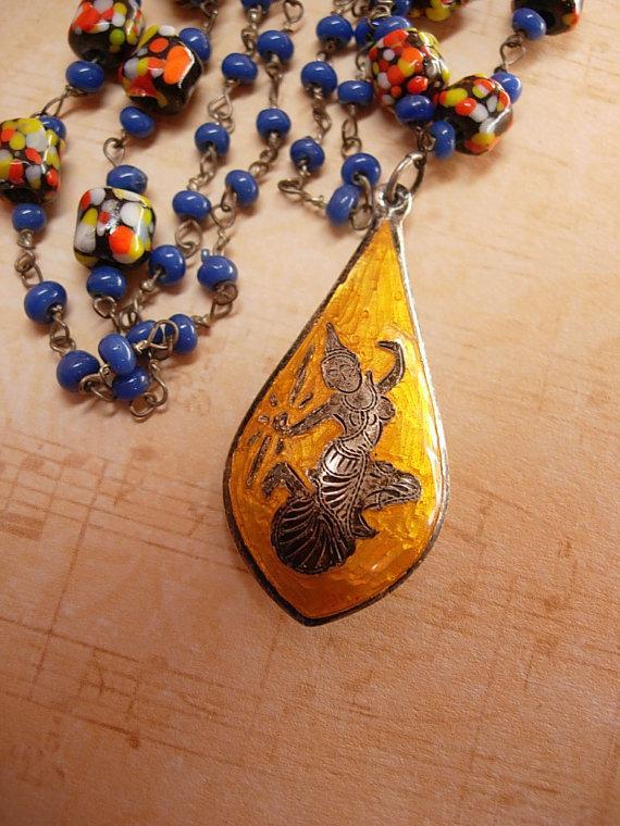 Exotic vintage Chinese necklace enamel sterling dragonboat goddess pendant necklace Millefiori cobalt glass beads