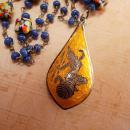 Exotic vintage Chinese necklace enamel sterling dragonboat goddess pendant necklace Millefiori cobalt glass beads