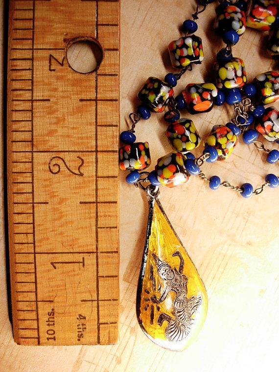Exotic vintage Chinese necklace enamel sterling dragonboat goddess pendant necklace Millefiori cobalt glass beads