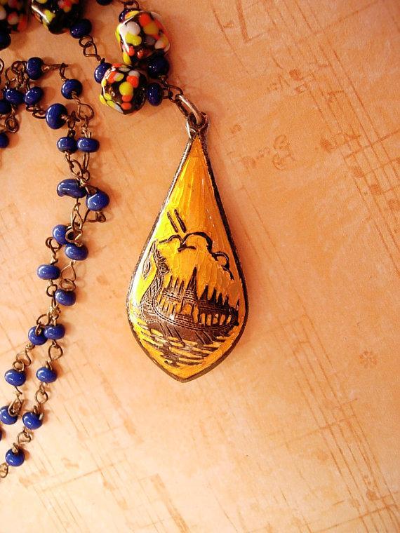 Exotic vintage Chinese necklace enamel sterling dragonboat goddess pendant necklace Millefiori cobalt glass beads