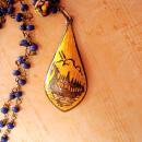 Exotic vintage Chinese necklace enamel sterling dragonboat goddess pendant necklace Millefiori cobalt glass beads