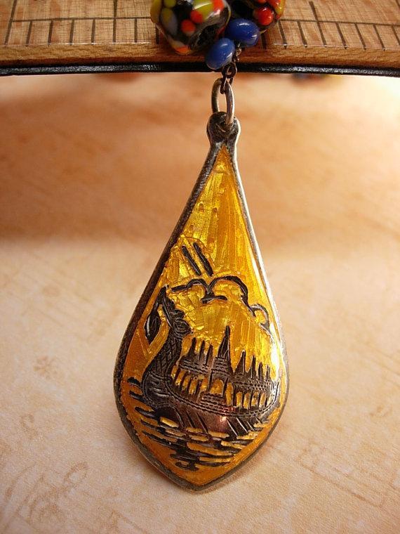 Exotic vintage Chinese necklace enamel sterling dragonboat goddess pendant necklace Millefiori cobalt glass beads
