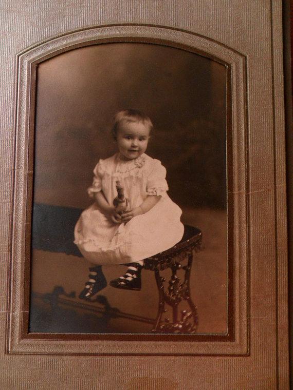 Antique Photo Girl with DUck toy child in dress with dressed duck in original card case