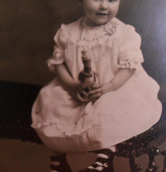 Antique Photo Girl with DUck toy child in dress with dressed duck in original card case