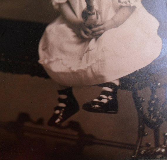 Antique Photo Girl with DUck toy child in dress with dressed duck in original card case
