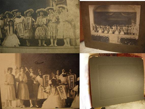 Large ANtique group photo possible Illinois pageant girls with state banners and american flag